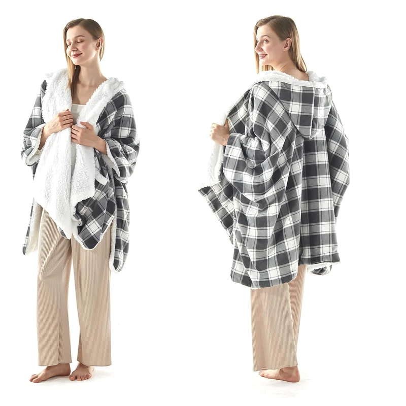 ACCU-WARMTH Wearable Heated Blanket - 10-Min Warm Up Electric Blanket Hoodie with 6 Heat Levels, Snuggies for women, gifts for her, 50"x70", Black White Plaid