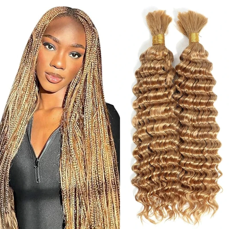 Tuheerst Pre Stretched Braiding Human Hair #27 Honey Blonde Deep wave 50g/Bundle Total 100g Unprocessed No Weft Boho Braids Human Hair Extension Dark Blonde Color 22 22 Inch