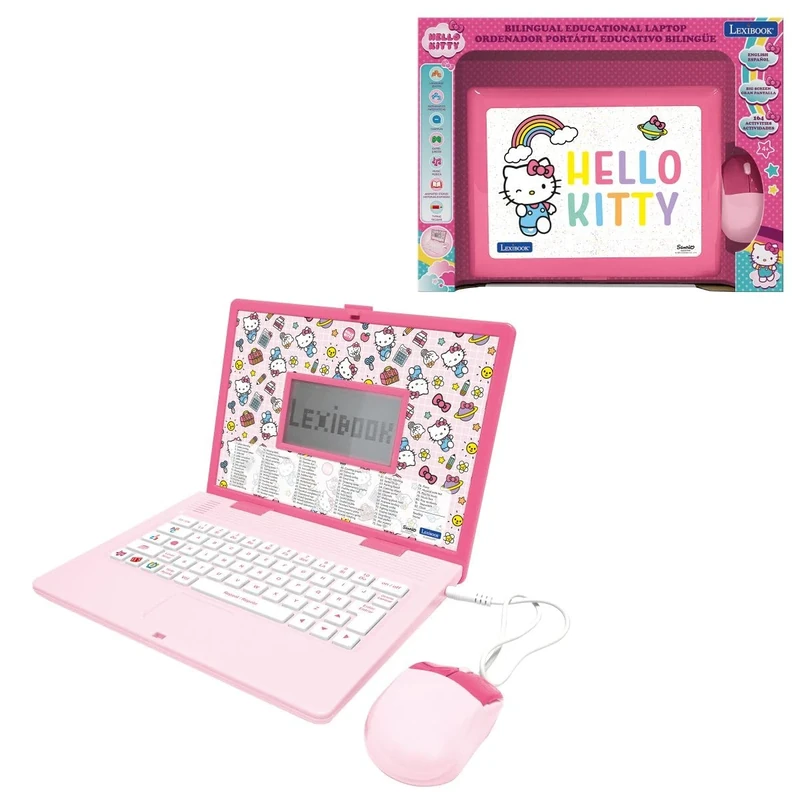 LEXIBOOK, Hello Kitty, Bilingual Educational Laptop English/Spanish, 164 Language, Writing, Math, Logic, Music and Game Activities, for Boys and Girls, JC598HKi2
