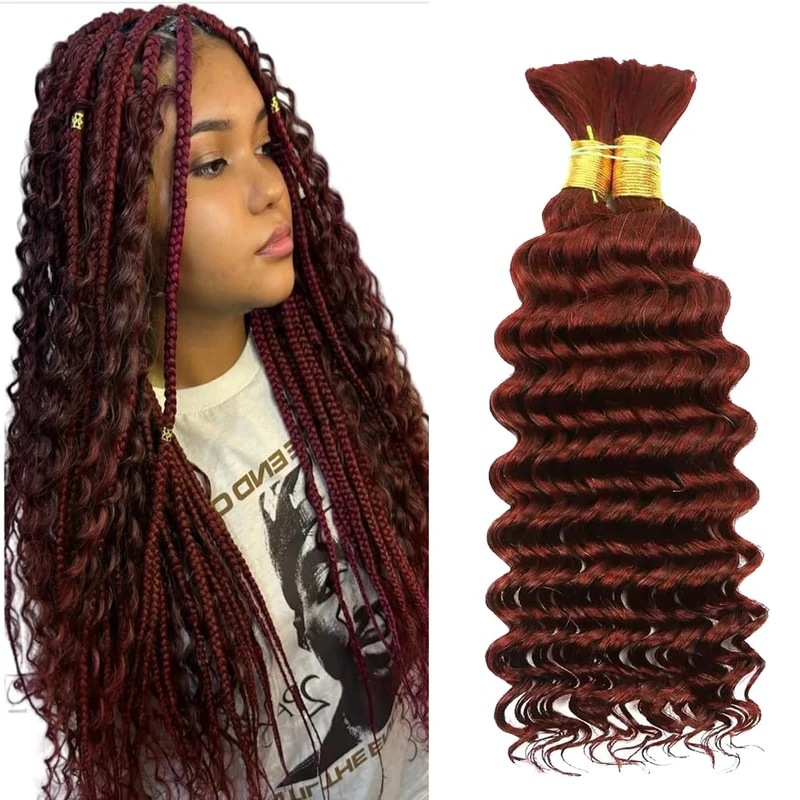 Tuheerst #33 Reddish Brown Color Boho Braiding Human Hair Deep Wave 50g/Bundle Total 100g Unprocessed Knotless Braids Human Hair Extension For Women 26 26 Inch