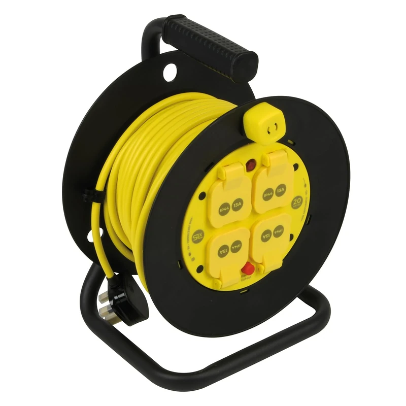 SLx Extension Lead 20m Heavy Duty Cable Reel 4 IP44 Rated 13A Covered Sockets with Thermal Cut-Out eavy-Duty Weather-Resistant Power Reel for Garden, DIY & Trade