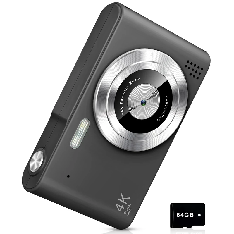 Digital Camera, Camera for Kids, UHD 4K 48MP Point and Shoot Digital Cameras with 64GB SD Card and 16X Digital Zoom Anti Shake, Compact Portable Small Gift for Boys Girls Students, Black