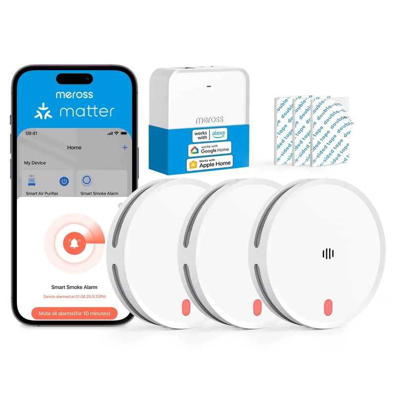 Meross Matte Smoke Alarm Network Smart Fire Alarm WiFi with Dual Light Sensor Fire Alarm with App Warning Notification Smoke Detector with 0.8 mm Insect Net 33 mm with MSH450 Hub Pack of 3
