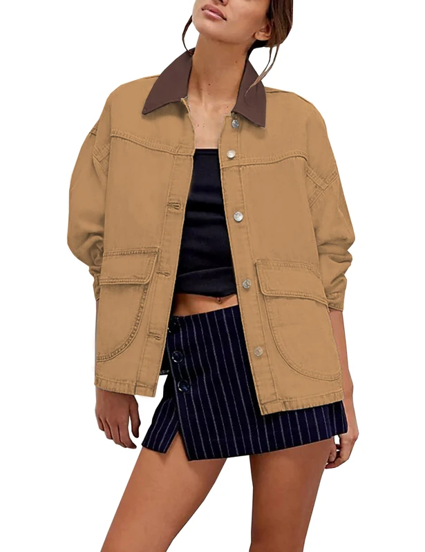 Lumister Women's Oversized Denim Jacket with Contrast Trim Long Sleeve Button Down Jean Coat with Pockets Outerwear, Khaki, Large