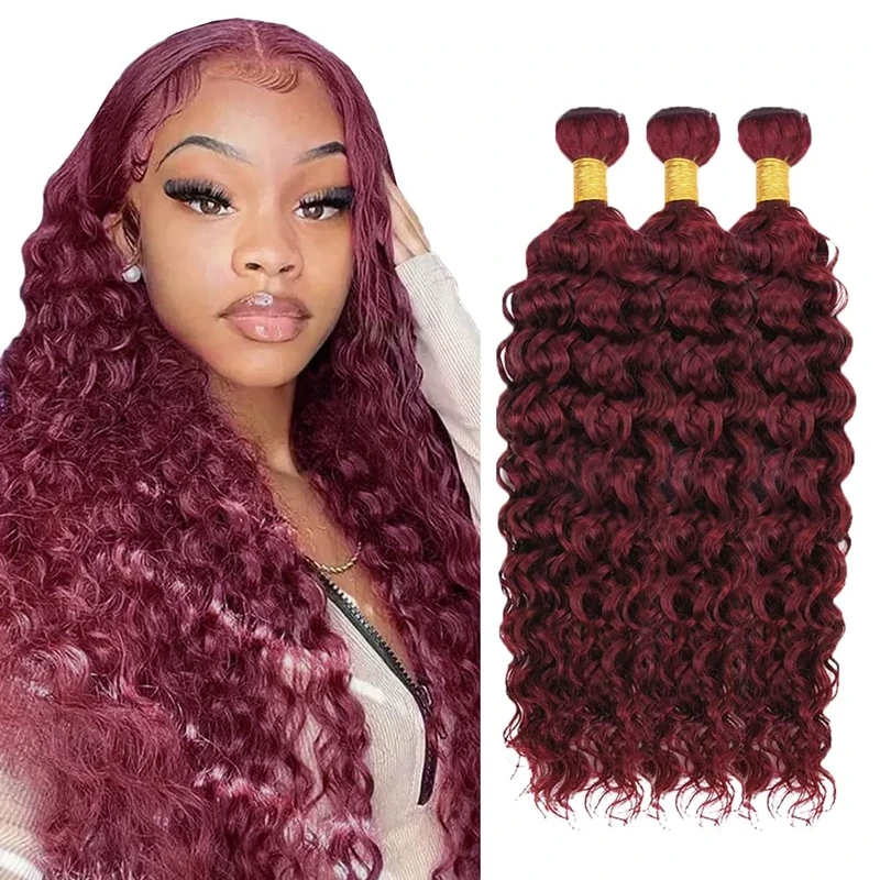 Tuheerst Water Wave #99j Burgundy Human Hair Bundles Doubles Weft 3 Bundles Total 150g Unprocessed Glueless Human Hair Extension For Women Wine Red 16 18 20 Inch