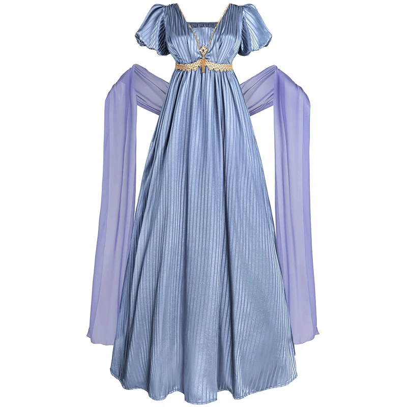 FCCAM Regency Dresses for Women Empire Waist 1800s Victorian Dress Ball Gown with Shawl, Aegean Blue, L