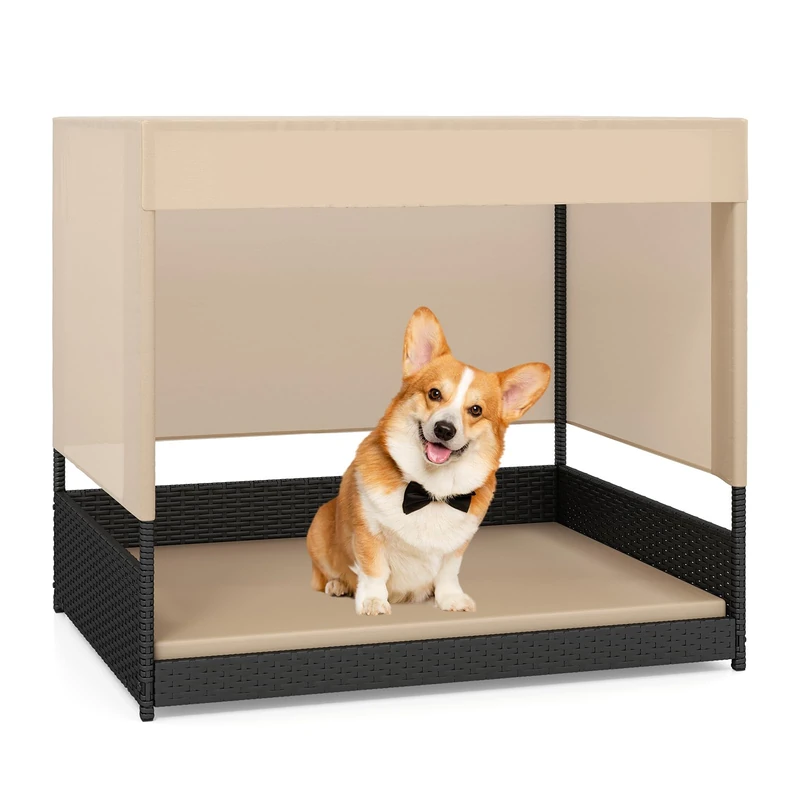 GYMAX Wicker Pet House for Small to Medium Dogs, Raised Rattan Dog Sofa Bed with Removable Cushion, Canopy Roof and Elevated Floor, Indoor Outdoor Puppy Shelter for Living Room, Yard, Garden