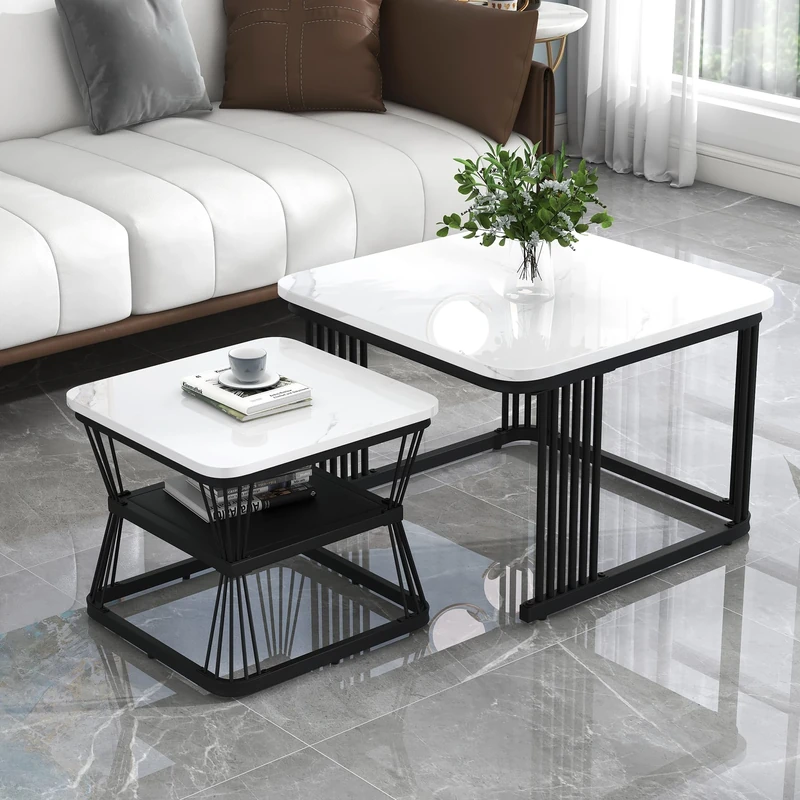 FurnitureR Elegant Living Room Table Set, Modern Design, Durable Metal Frame, Dual Use with White Marble-Look Top, Ideal for Contemporary Spaces, Storage Shelf Included