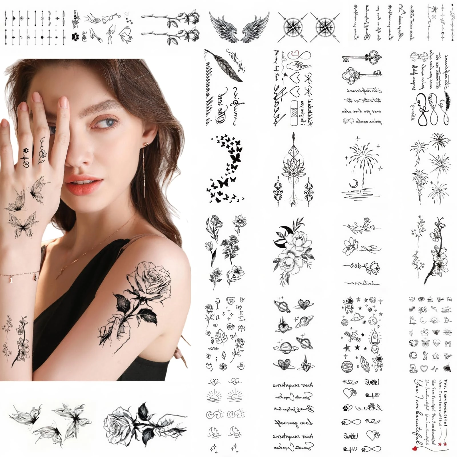 Tonsmile Temporary Tattoos, 30 Sheets Custom Long Lasting Waterproof Personalised Fake Tattoos Semi Permanent Tattoos For Men or Women, Black (11x 6 Certimeters)