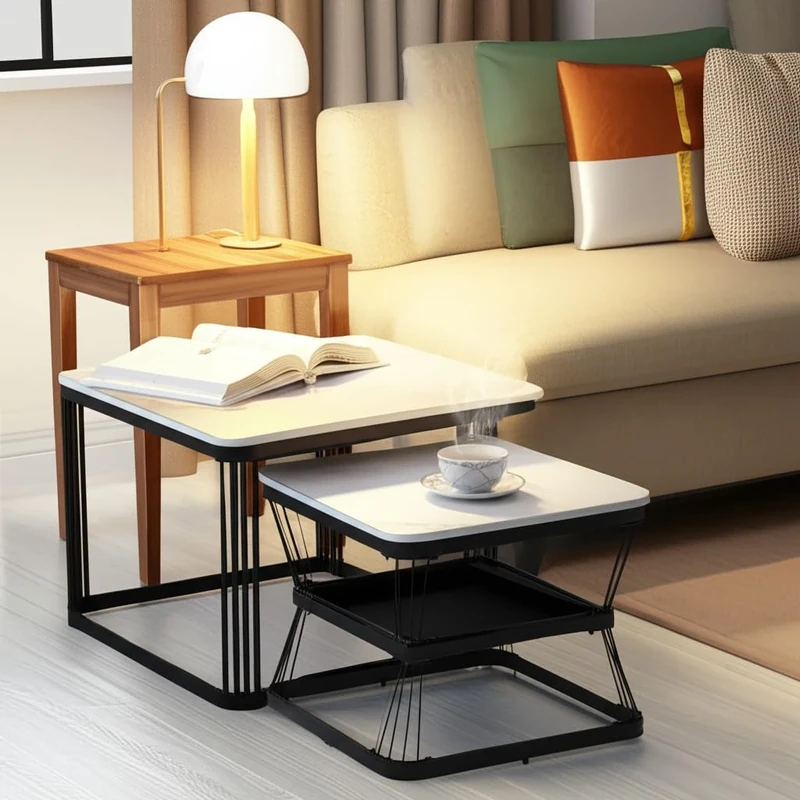 FurnitureR White Marble Nesting Tables, Modern Style, Metal Frame with Ample Storage, Home and Office Use, Space-Saving Design, Sophisticated Accent Table Set