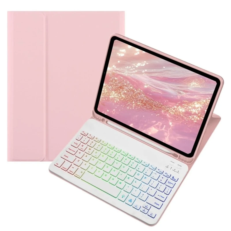 kaidisen Colorful Backlit keyboard Case for iPad A16 2025 (11th Gen,11"), iPad 10th Generation 10.9" 2022 Case with Detachable Bluetooth RGB Backlight Keyboard Cute Candy Color,Pink+White