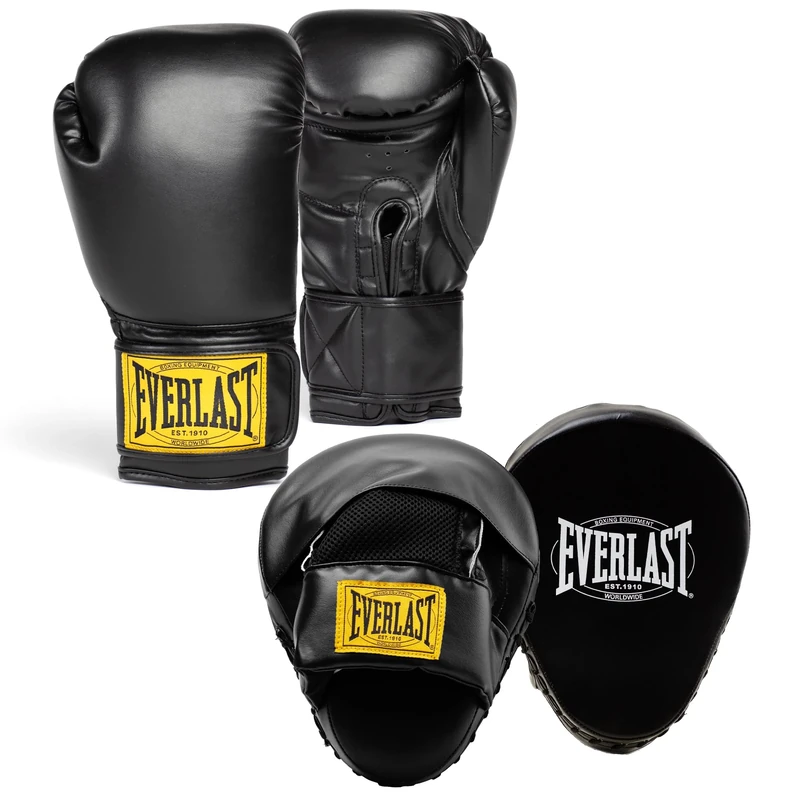 Everlast 1910 Classic Training 16oz Boxing Gloves and Focus Mitts (Black) Hook & Loop Leather Boxing Gloves for Bags & Work, Protective and Comfortable Equipment - Authentic Gear