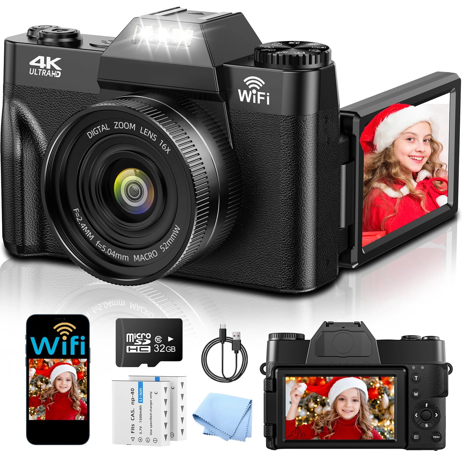4K Digital Camera with WIFI, 75MP UHD Compact Cameras, 3 Inch 180° Flip Screen 16X Digital Zoom Autofocus Rechargeable Vlogging Camera with 32GB Card & 2 1500mAh Batteries for Kids Beginners Teenagers