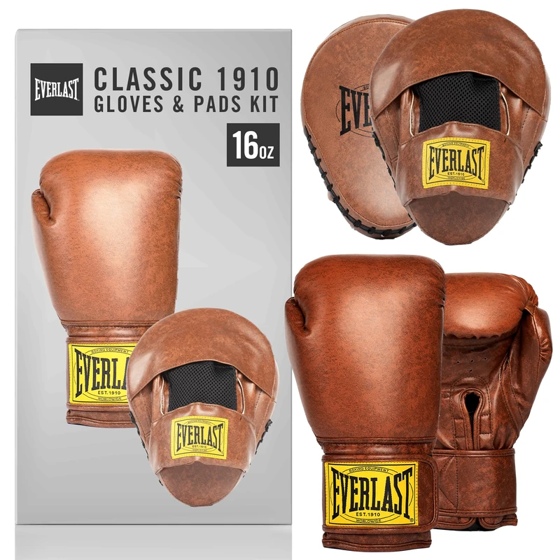 Everlast 1910 Classic Training 16oz Boxing Gloves and Focus Mitts (Brown) Hook & Loop Synthetic Leather Boxing Gloves for Bags & Work, Protective and Comfortable Equipment - Authentic Everlast Gear