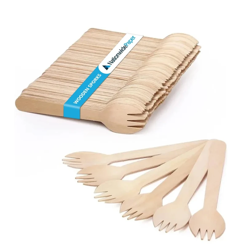 Nationwide Paper Disposable Wooden Cutlery Set of Forks, Knives, Spoons and Sporks (5000, Sporks)