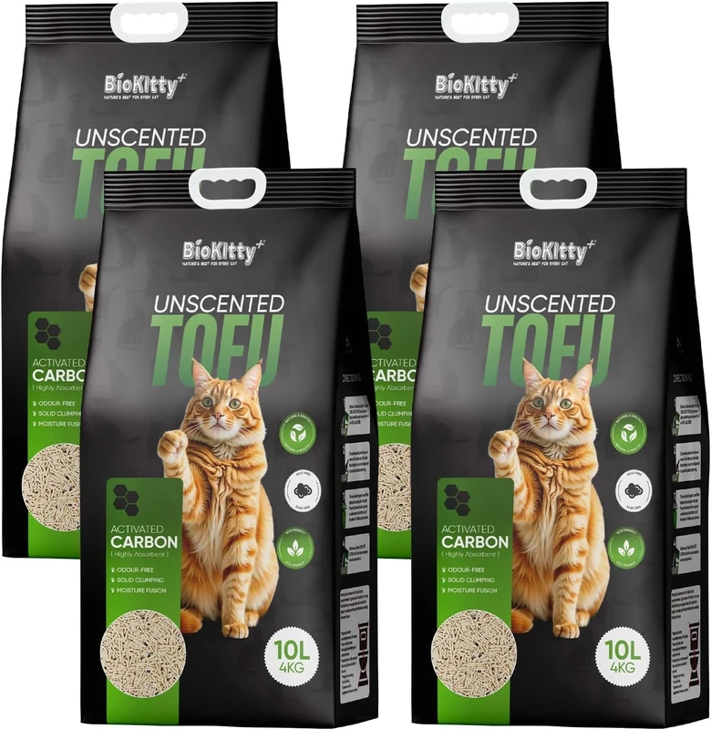 Tofu Clumping Cat Litter 10L - Unscented, Eco-Friendly, Natural & Dust-Free - Biodegradable, Non-Toxic, Ultra Absorbent Flushable Cat Litter for Kittens & Adult Cats (Pack of 4, Unscented)