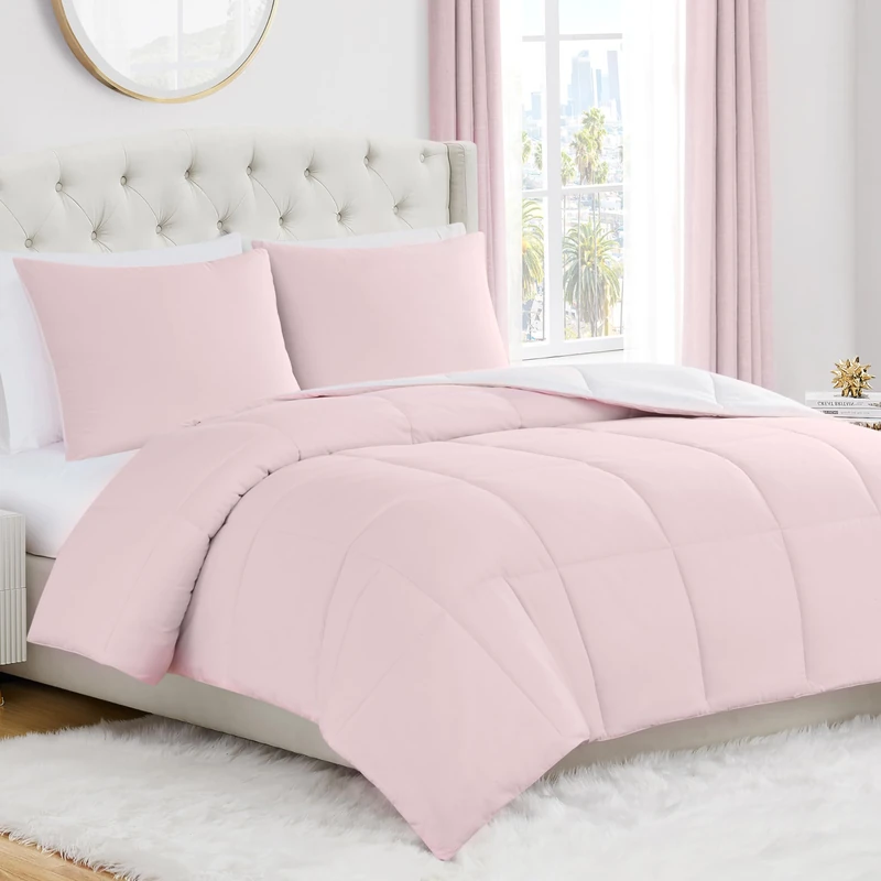 Juicy Couture Reversible Box Stitch Comforter Set, 2-Piece Twin/Twin XL – Pink Marshmallow/White – Glam Bedding Set