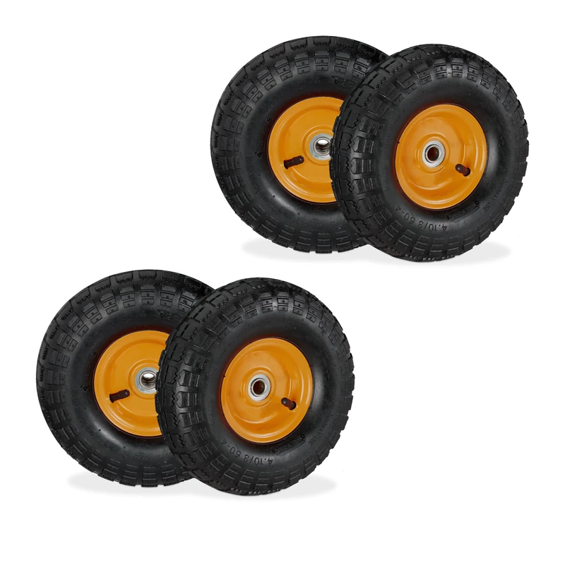 Relaxdays Wheelbarrow Tyres, Set of 4, 4.10/3.50-4, Pneumatic, 16 mm Axle, 136 kg, Steel Rim, 260x85 mm, Black/Orange