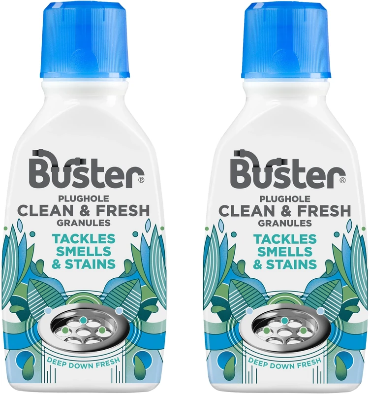 Buster Plughole Clean & Fresh Granules (Eucalyptus - Pack of 2 x 300g) Fast-Acting Dishwasher & Washing Machine Cleaner & Sink and Drain Cleaner for Bad Smells and Stains, Fresh Scent - Made in UK