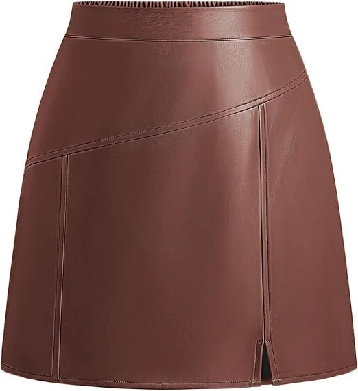 Kate Kasin Women's Faux Leather Skirt A-Line Mini Skirt High Waist Front Slit Short Pencil Skirt Autumn Winter Casual Party Office Coffee XL
