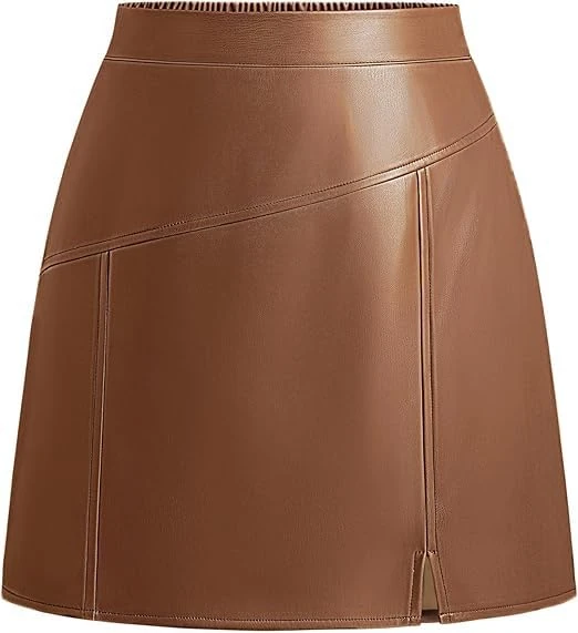 Kate Kasin Women's Faux Leather Skirt A-Line Mini Skirt High Waist Front Slit Short Pencil Skirt Autumn Winter Casual Party Office Brown L