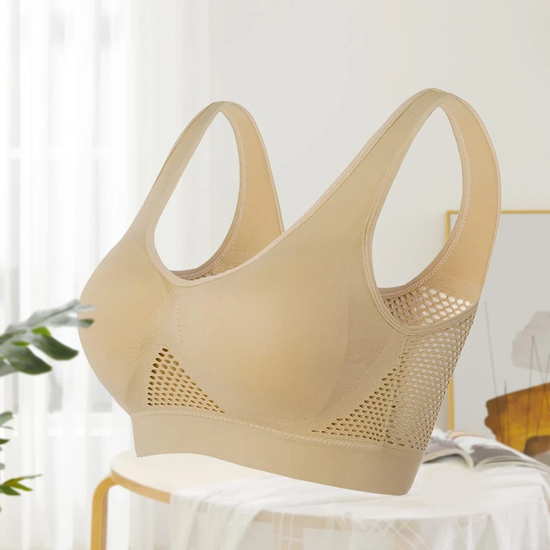 Sports Bra for Women - Plus Size High Support Workout Bra with Cooling Mesh (Full Coverage), Nude, Large