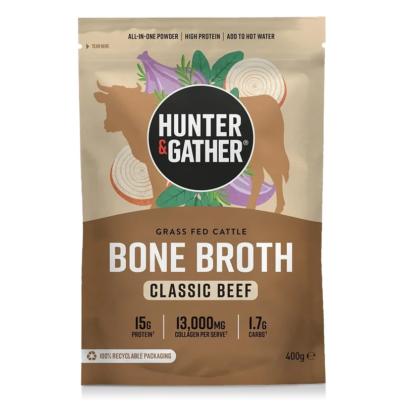 Hunter & Gather Beef Bone Broth Powder | 15g Protein | Grass Fed European Beef Collagen | Instant Savoury Drink or Cooking Boost | No Fridge Needed | 20 Servings | Gluten-Free | 400g | 74 kCal/serving