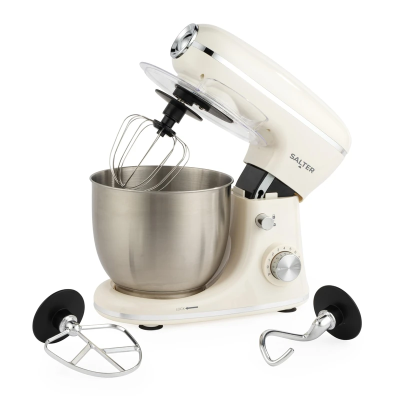 Salter Retro Cream Stand Mixer – 5L Electric Food Kitchen Mixer, Stainless Steel Removable Mixing Bowl, Accessories Included, Dough Hook, Wire Whisk, Beater, 8 Speed Settings & Pulse Function, 1300W