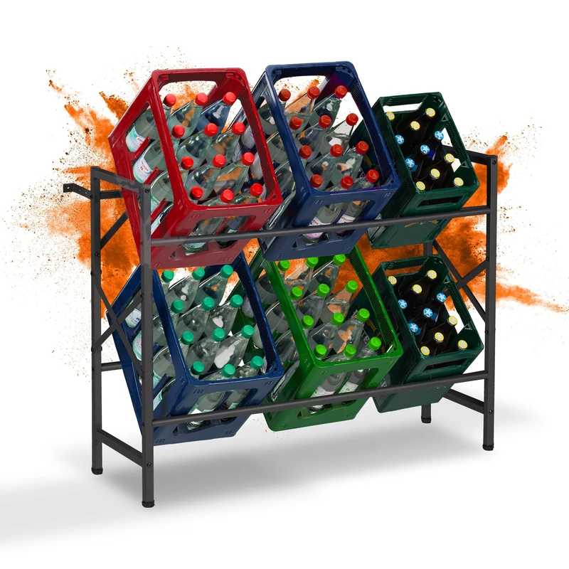 Relaxdays Drinks Crate Rack, HWD: 80x104x32 cm, 150 kg, Holds 6 Boxes, Steel, Beverage Holder Shelf, Beer & Water, Black, Plastic 10% Felt 80%