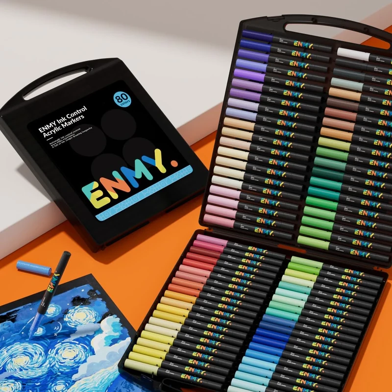 ENMY 80 Colours Acrylic Markers Brush Tip – Direct Liquid Acrylic Paint Pens for Anime Drawing, Illustration, Fabric, Rock, Wood, Glass, Paper, Craft Supplies for Artists