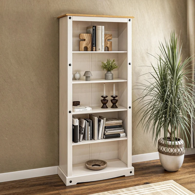 Corona White Tall large Bookcase Mexican Solid Pine Wood