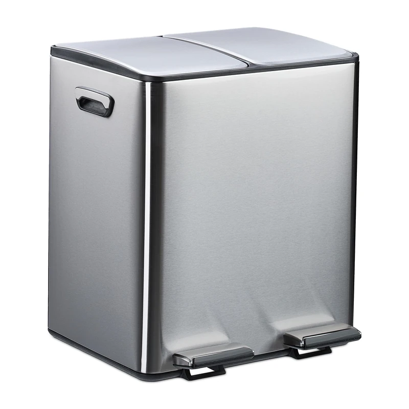 Relaxdays Kitchen Bin, 2 Compartments, 15 Litres Each, Removable Buckets, Foot Pedal, Recycling Dustbin, Silver/Black, 10% plastic 90% iron, 15 l