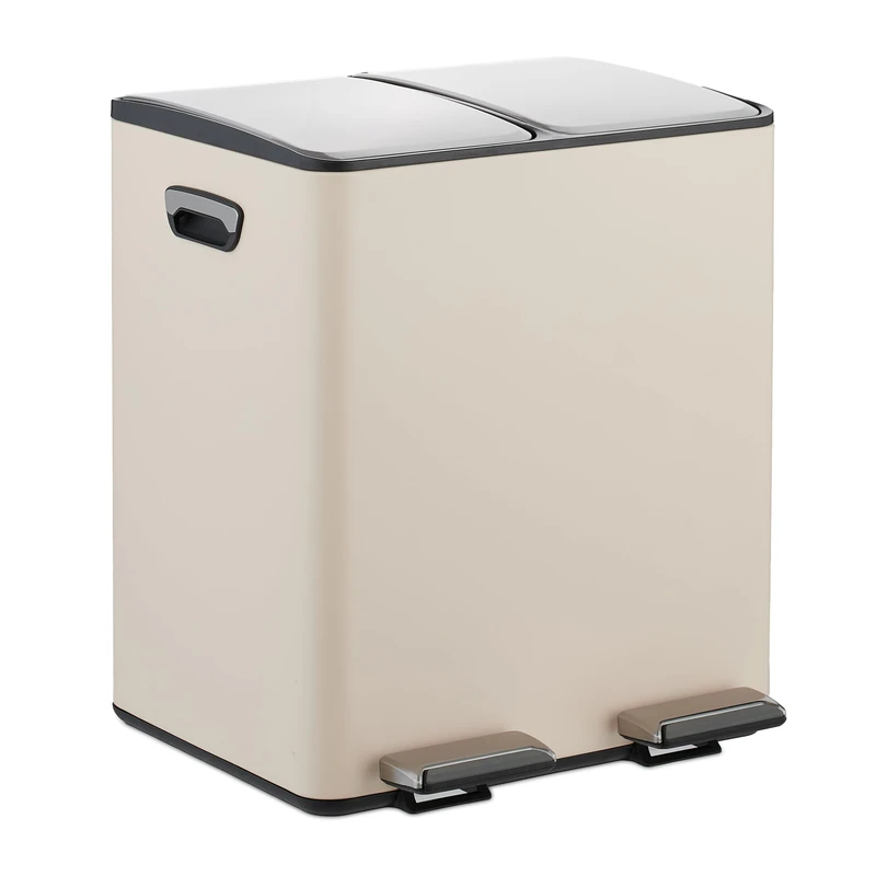 Relaxdays Kitchen Bin, 2 Compartments, 15 Litres Each, Removable Buckets, Foot Pedal, Recycling Dustbin, Beige/Silver - Image 1