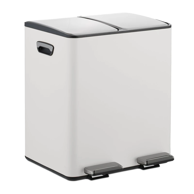 Relaxdays Kitchen Bin, 2 Compartments, 15 Litres Each, Removable Buckets, Foot Pedal, Recycling Dustbin, White/Silver