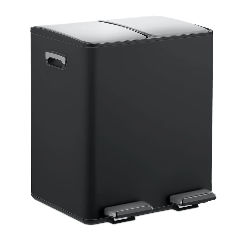 Relaxdays Kitchen Bin, 2 Compartments, 15 Litres Each, Removable Buckets, Foot Pedal, Recycling Dustbin, Black/Silver