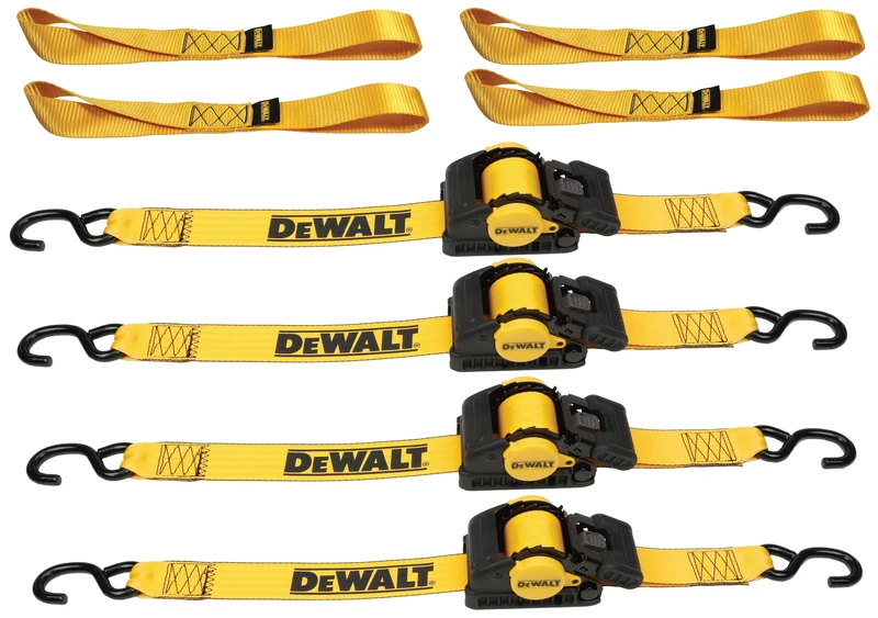 DEWALT DXBC9002-2X 8-Piece Kit with 2” x 10’ Auto Retractable Ratchet Straps (3,300 lb Break Strength) and 1.7" x 18" Premium Soft Loops (11,000 lb Break Strength)