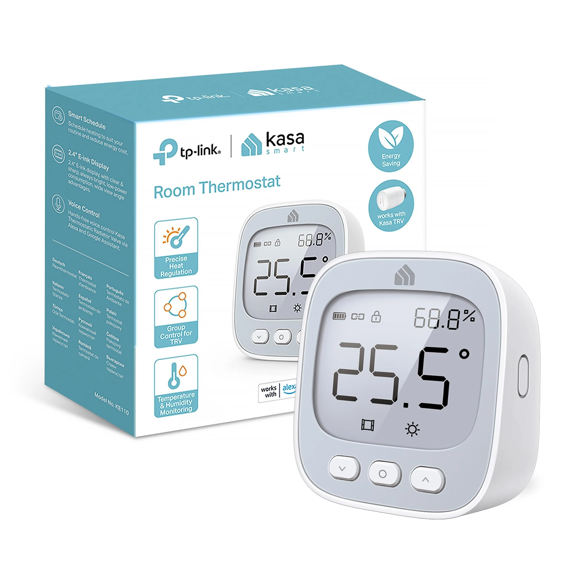 TP-Link KE110 Room Thermostat,Control Thermostat Radiator Valve,Accurate Monitoring,Temperature Control,Work with Alexa/Google Assistant, APP control, Smart Schedule, Free Storage, Kasa Hub required