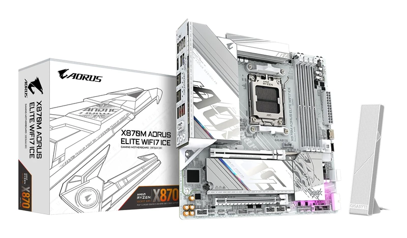 GIGABYTE X870M AORUS ELITE WIFI7 ICE Motherboard - Supports AMD Ryzen 9000 CPUs, 14+2+2 Phases Digital VRM, up to 8200Hz DDR5 (O.C), 1xPCIe 5.0 + 1xPCIe 4.0, Wi-Fi 7, 2.5 GbE LAN, USB 4