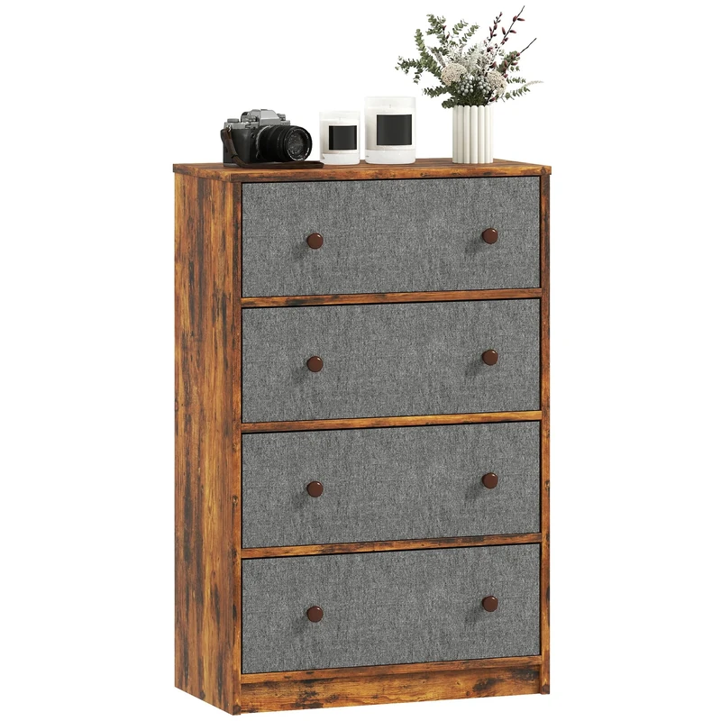 HOMCOM Chest of Drawers, Dresser with 4 Fabric Drawers and Steel Frame for Bedroom, Living Room, Hallway, Grey and Rustic Brown