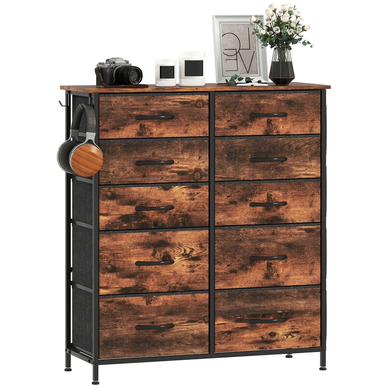 HOMCOM Chest of Drawers, Double Dresser for Bedroom with 10 Fabric Drawers, Tall Storage Unit with 4 Pockets, 2 Hooks and Steel Frame for Living Room, Hallway, Rustic Brown