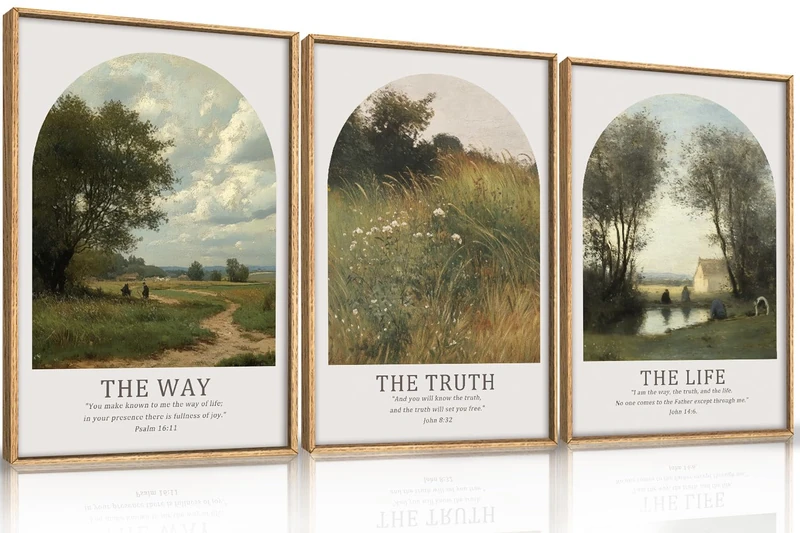 FWIEXA Christian Bible Verse Canvas Wall Art Set 3, Easter Vintage Scripture Framed Painting, Religious Landscape Decor, The Way The Truth The Life Artwork, 16x24In Prints for Living Room,Bedroom
