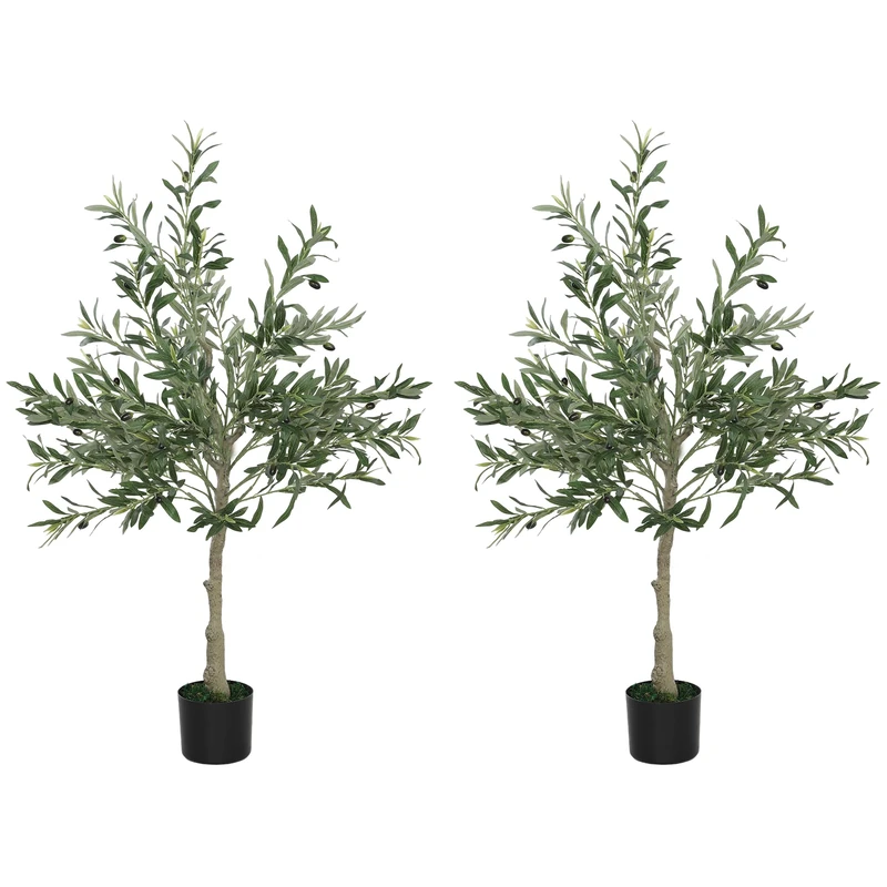 HOMCOM Set of 2 4ft/ 120cm Decorative Artificial Plant, Silk Olive Tree with 450 Leaves and 20 Olive Fruits in Pot, Fake Plant for Home, Office, Living Room, Indoor Decor