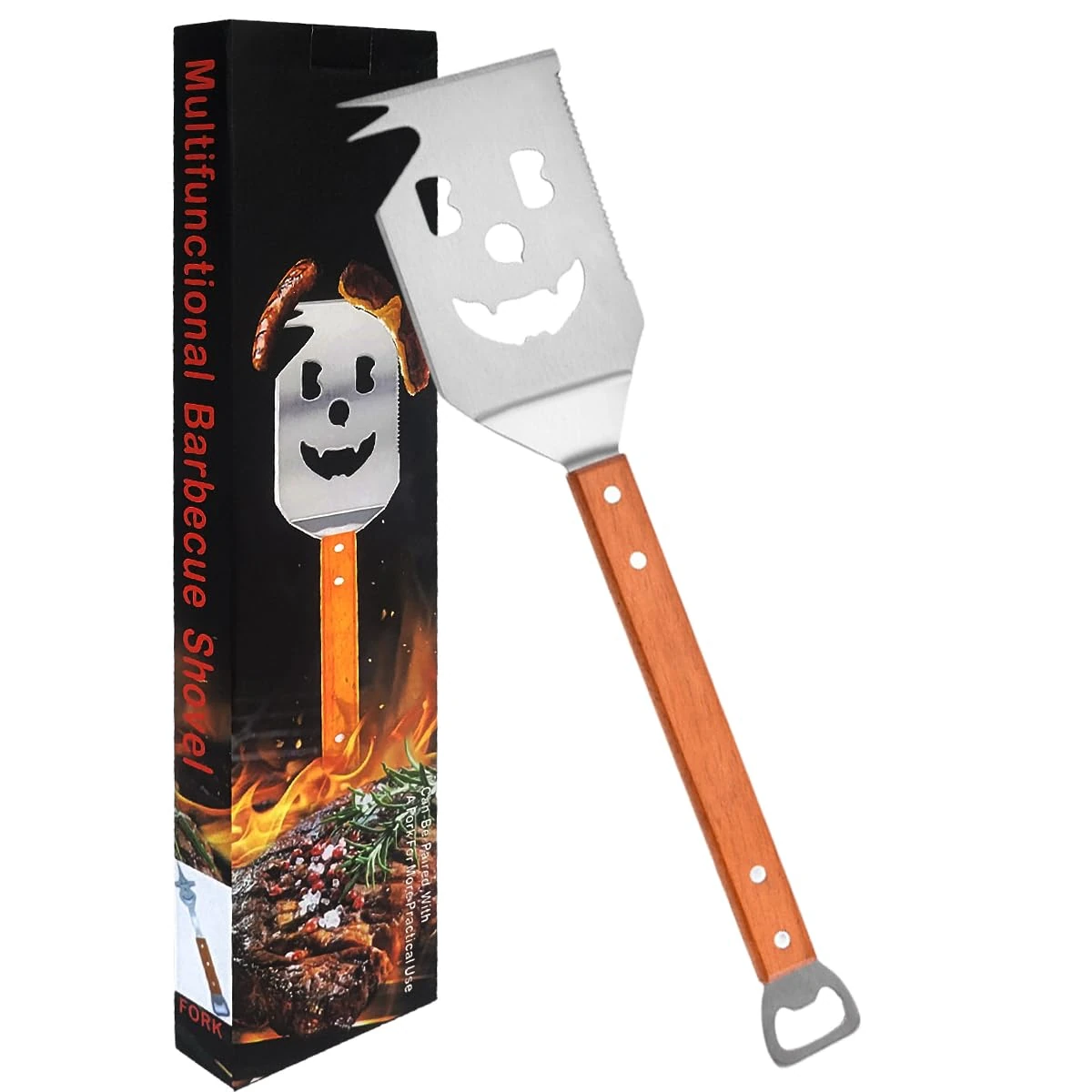 7 in 1 Multifunction BBQ Tool, BBQ Spatula for Outdoor Grill, Extra Long Grill Accessories Stainless Steel, Wooden Handle Barbecue Utensils, Holiday Fathers's Day Gifts, Gifts for Men