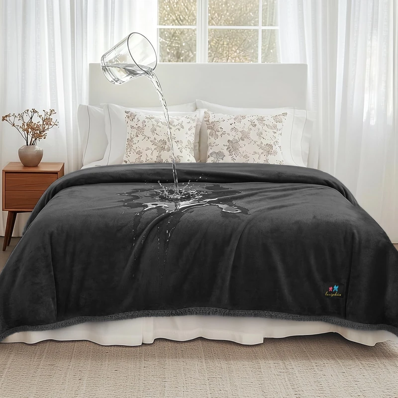 Luciphia Waterproof Pet Blanket, Liquid Pee Proof Dog Blanket for Sofa Bed Couch, Reversible Sherpa Fleece Furniture Protector Cover for Small Medium Large Dogs Cats, Black Queen Size（90" x 82"）