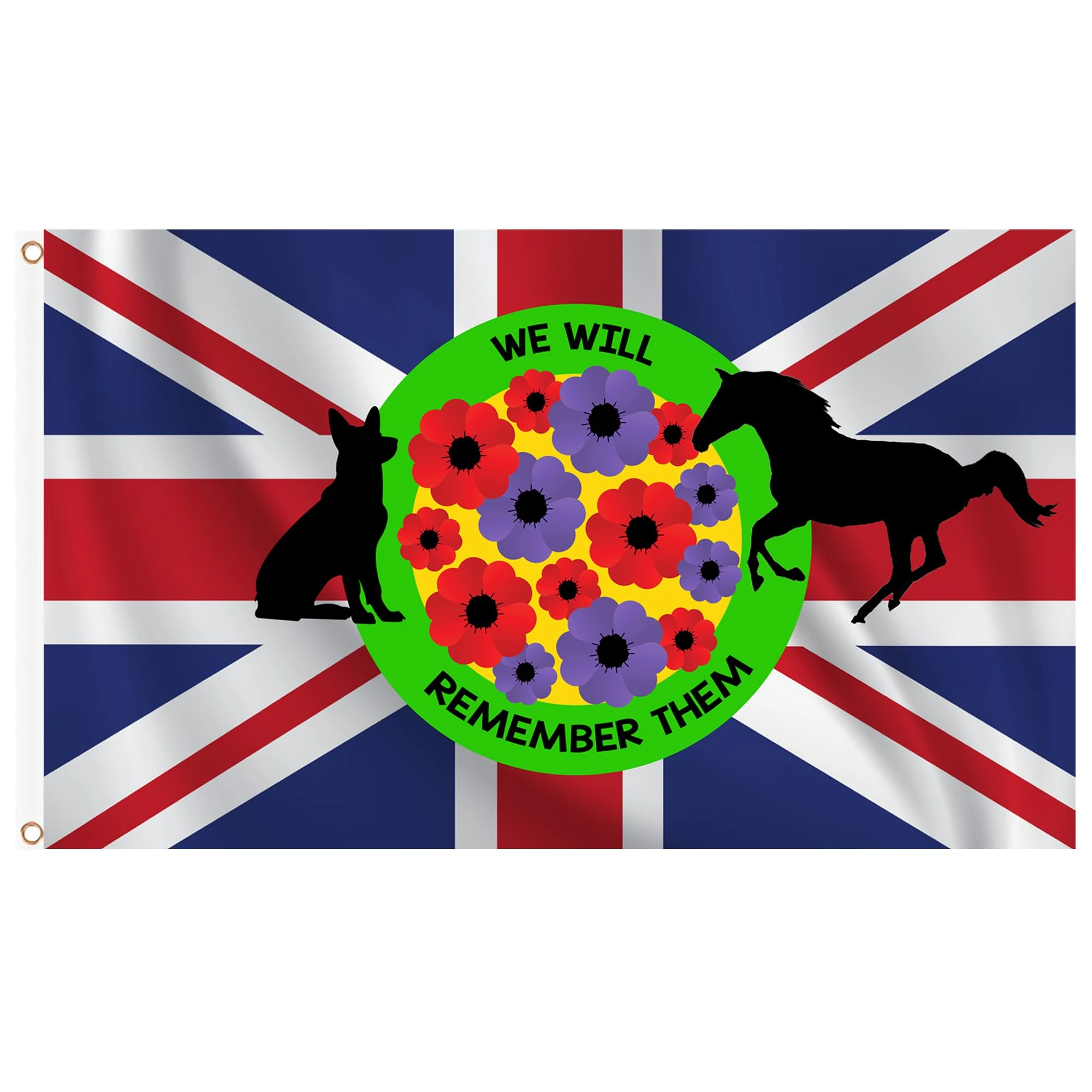 Remembrance Day Flag 5ft x 3ft with Eyelets, Purple Red Poppy Flag Remembers Animals in War, WW1 Remembrance Banner Lest We Forget