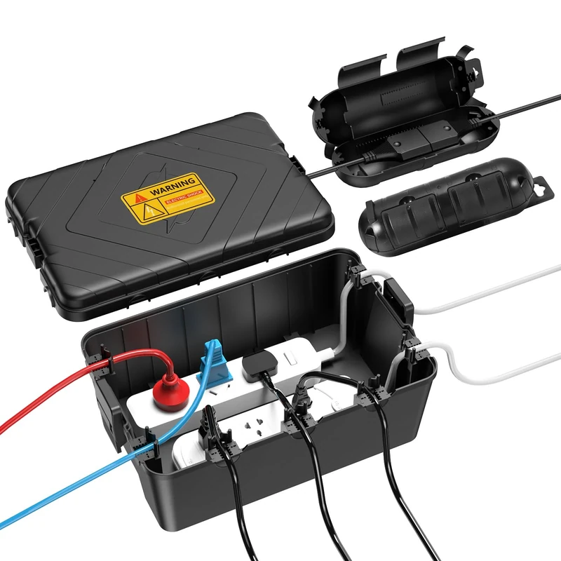 Housolution Large Outdoor Electrical Box with 2 Small Outdoor Plug Safety Cover, IP54 Waterproof Extension Cord Cover, Weatherproof Box for Power Strip, Timer Outlet Plug, Socket, Holiday Light, Black