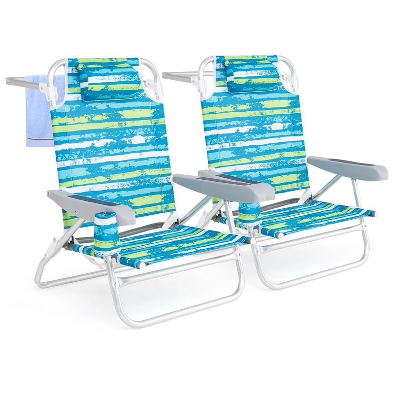FANTASK 2-Piece Folding Beach Chairs, Camping Chair, 5-Level Adjustable Backrest, Folding Chairs with Adjustable Backrest, Headrest, Drink Holder & Towel Holder, Maximum Load 150 kg, Green - Image 1