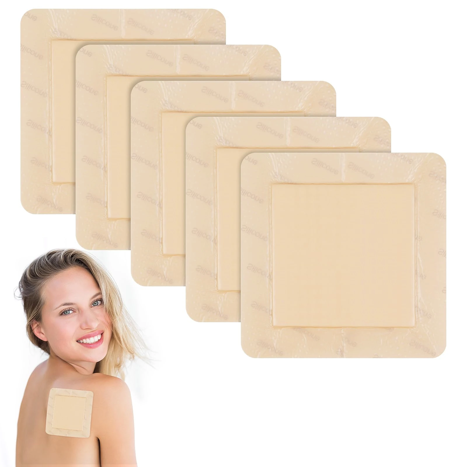 5PCS Silicone Foam Dressing 12.5x12.5cm Wound Dressing with Border Adhesive Waterproof Central Ultra Absorbent-Foam (3.35X 3.35Inch) Square Waterproof Silicone Wound Bandage