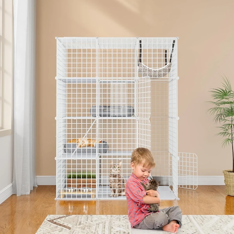 YITAHOME 4-Tier Cat Enclosure, Spacious Indoor Cat Cage with Hammock & Ladders | Large Metal Playpen for Cats, Kittens, Bunnies & Small Pets, Multi-Level Catio with 4 Doors, White, 107x72x142cm