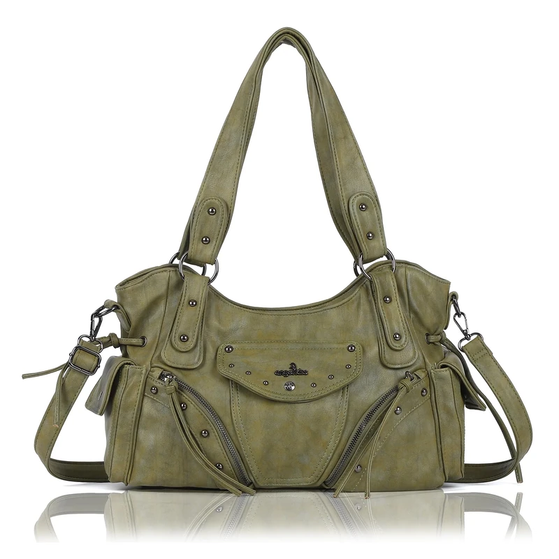 Angel Kiss Hobo Bag for Women Retro Leather Purses and Handbags Roomy Soft Ladies Satchel Bags with Crossbody Strap, Green, M